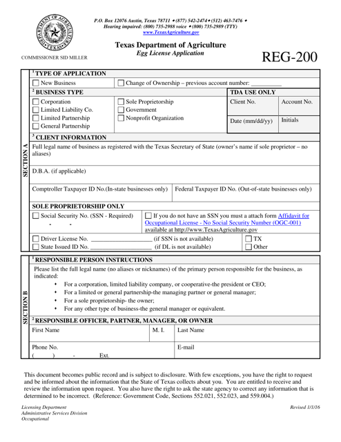 Form REG-200 Egg License Application - Texas