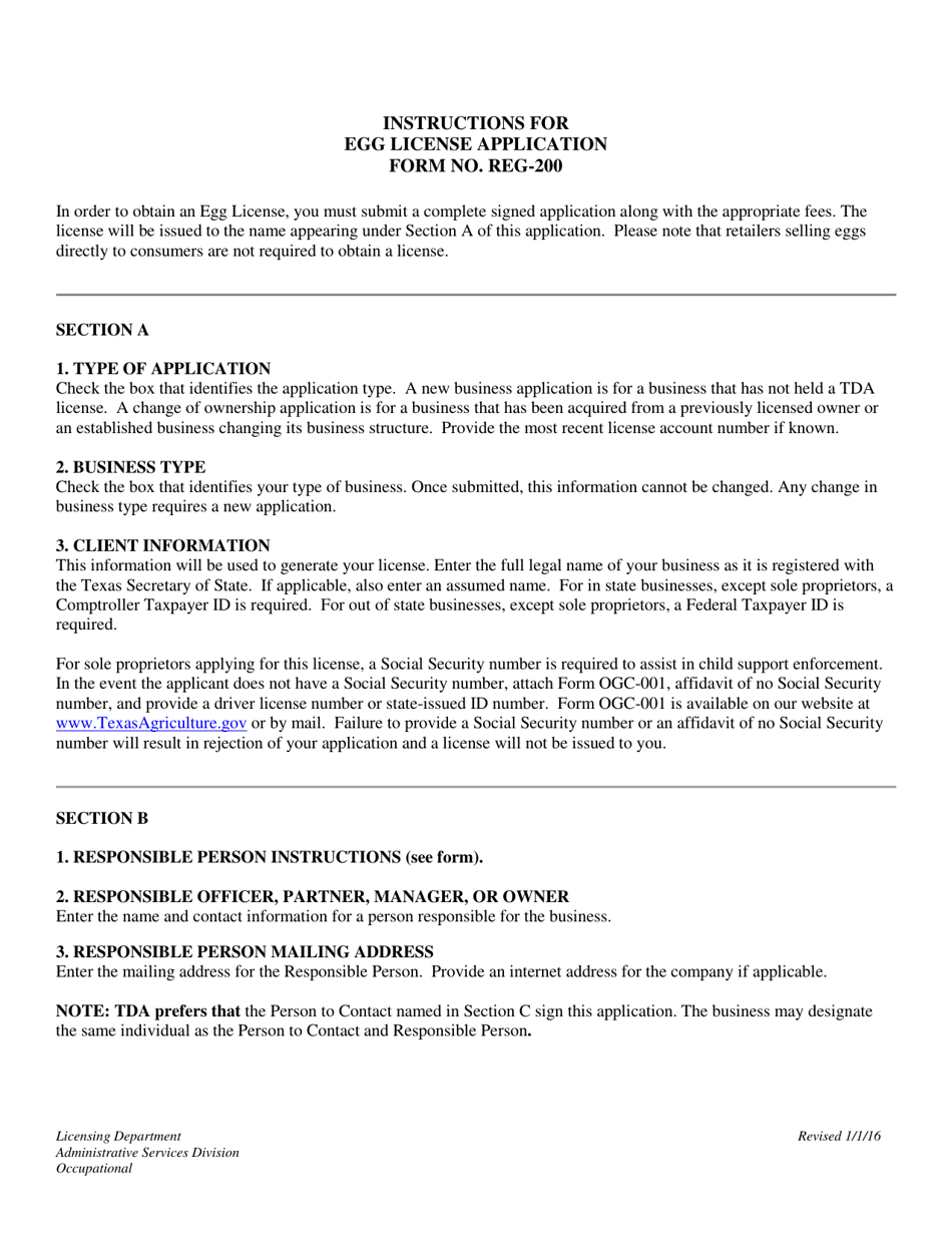 Instructions for Form REG-200 Egg License Application - Texas, Page 1