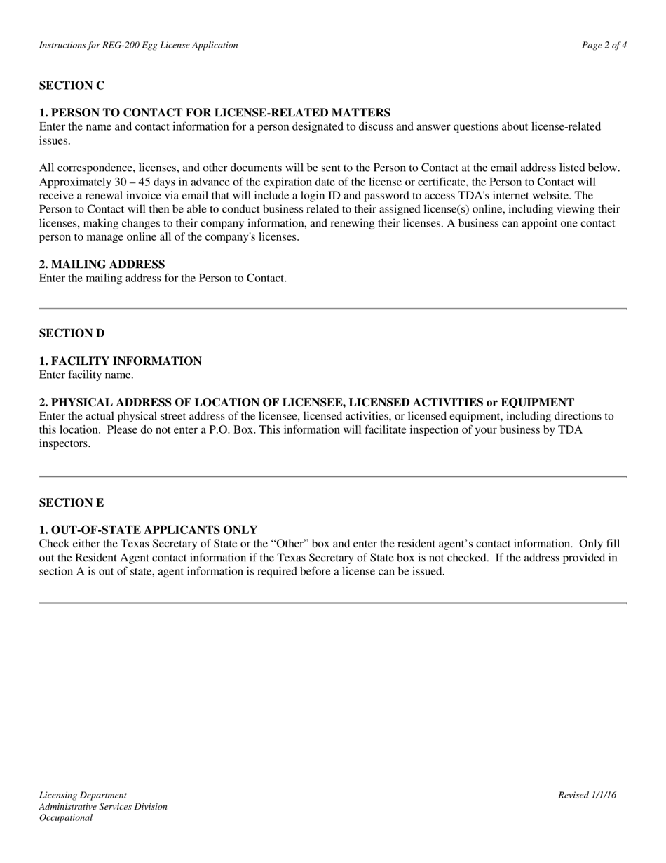 Instructions for Form REG-200 Egg License Application - Texas, Page 2