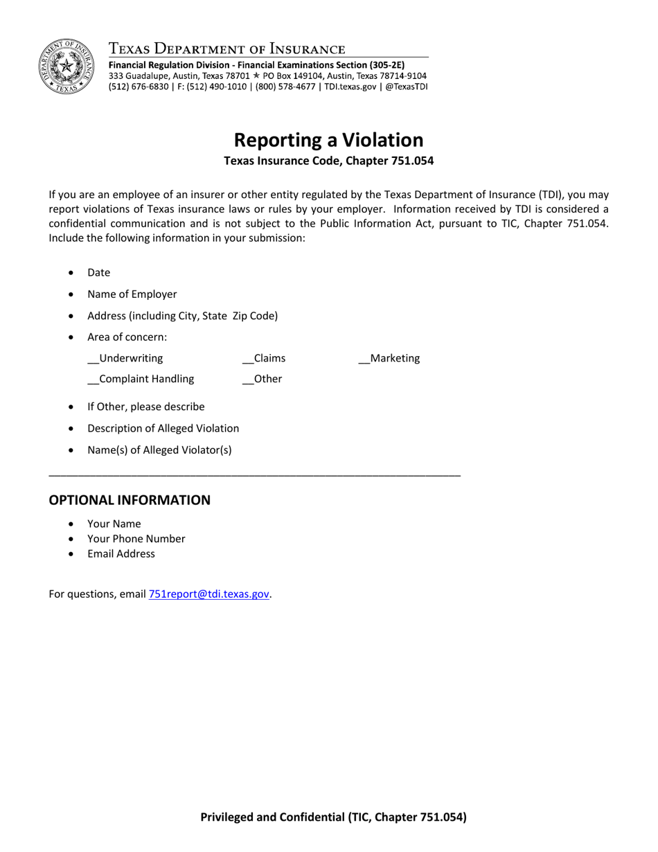 Reporting Market Conduct Violations - Texas, Page 1