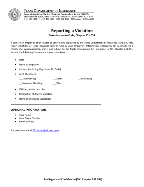 Reporting Market Conduct Violations - Texas Download Pdf