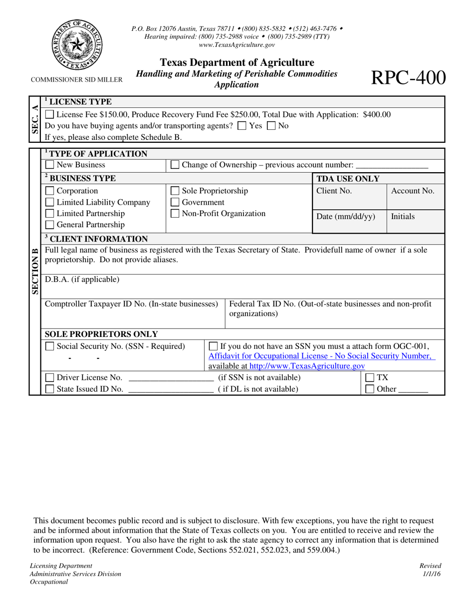 Form RPC-400 Handling and Marketing of Perishable Commodities Application - Texas, Page 1