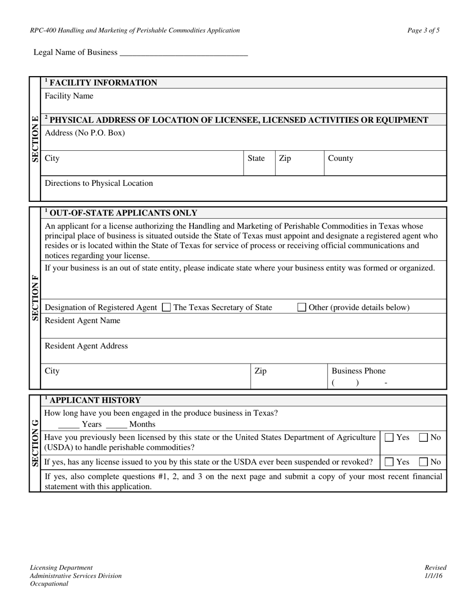Form RPC-400 Handling and Marketing of Perishable Commodities Application - Texas, Page 3