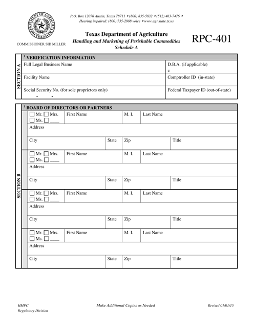 Form RPC-401 Schedule A  Printable Pdf