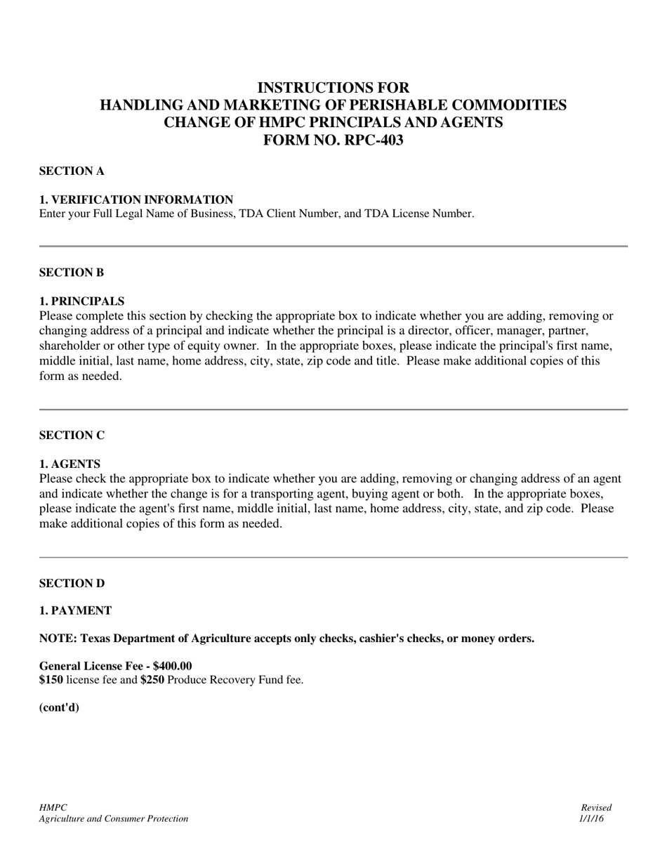 Instructions for Form RPC-403 Handling and Marketing of Perishable Commodities Change of Principals and Agents - Texas, Page 1