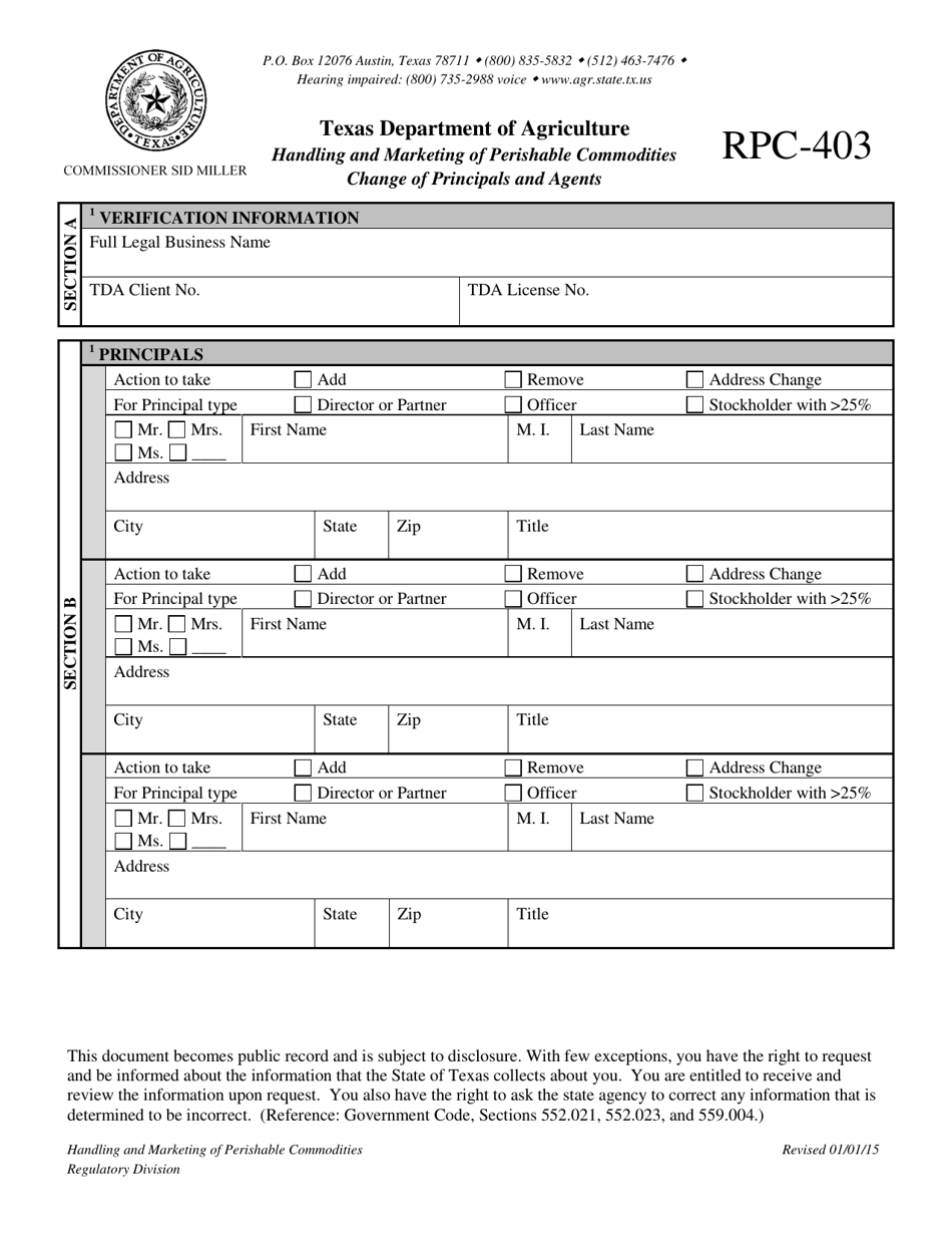 Form RPC-403 Change of Principals and Agents - Texas, Page 1