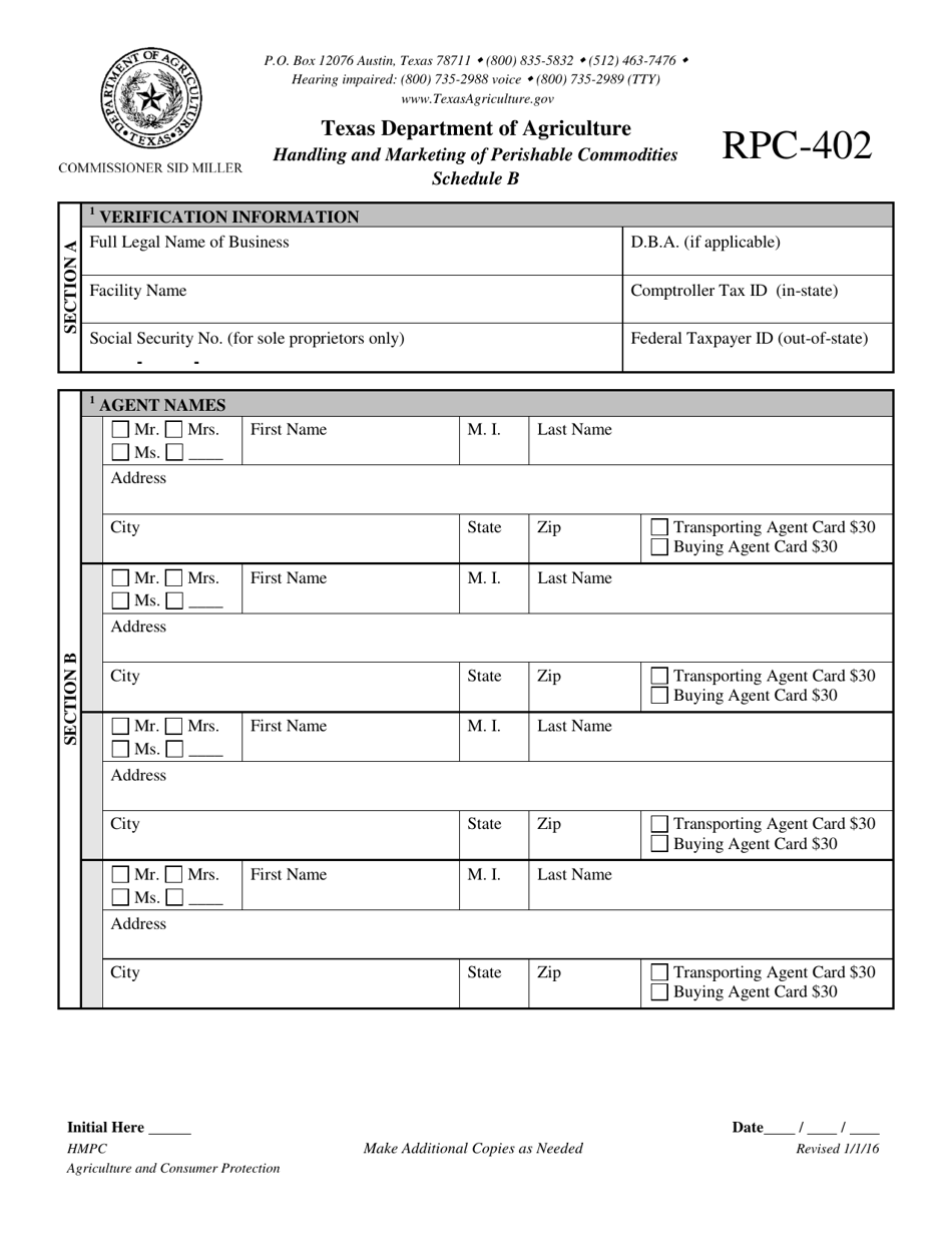 Form RPC-402 Schedule B Handling and Marketing of Perishable Commodities - Agents - Texas, Page 1