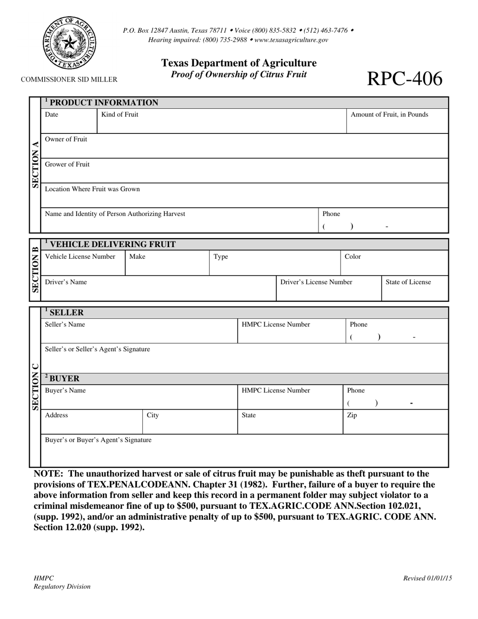 Form RPC-406 Proof of Ownership of Citrus Fruit - Texas, Page 1