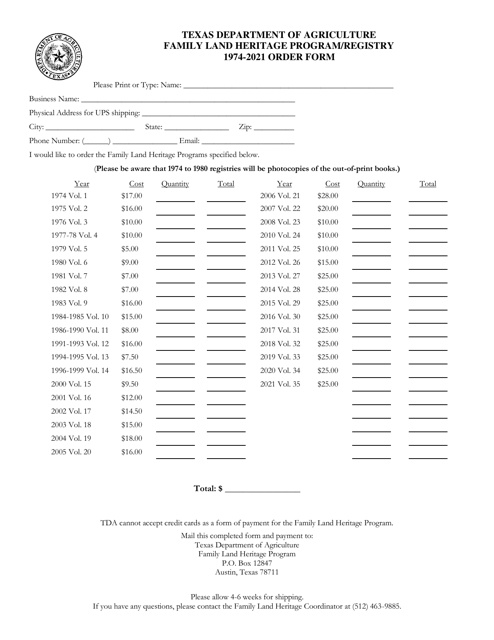 Family Land Heritage Program/Registry Order Form - Texas, 2021