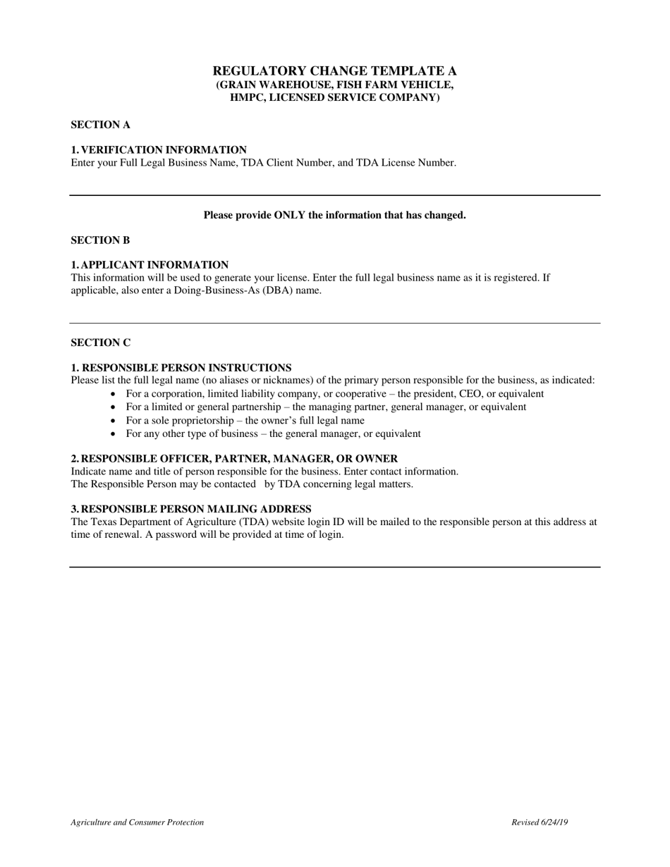 Instructions for Form R-001 Regulatory Change Template a (Grain Warehouse, Fish Farm Vehicle, Hmpc, Licensed Service Company) - Texas, Page 1
