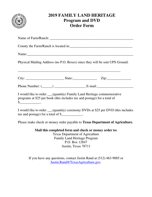 Family Land Heritage Program and Dvd Order Form - Texas