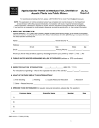 Form PWD1019 Application for Permit to Introduce Fish, Shellfish or Aquatic Plants Into Public Waters - Texas