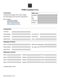 Form PWD185 Tpwd Complaint Form - Texas