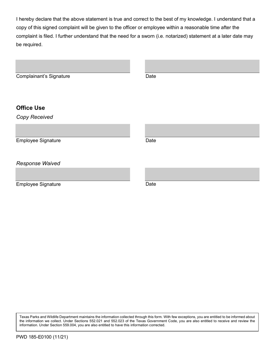 Form PWD185 Tpwd Complaint Form - Texas, Page 3