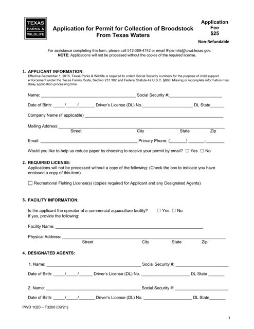 Form PWD1020 Application for Permit for Collection of Broodstock From Texas Waters - Texas