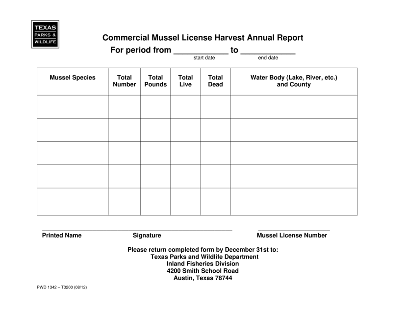 Form PWD1342 Commercial Mussel License Harvest Annual Report - Texas