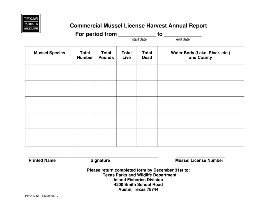 Form PWD1342 Commercial Mussel License Harvest Annual Report - Texas, Page 1