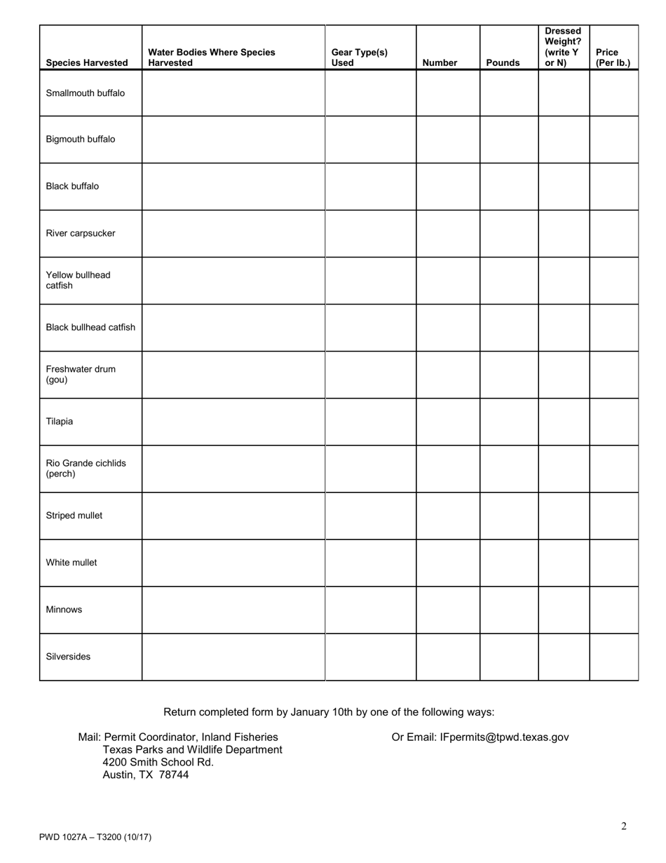 Form PWD1027A Annual Report for Permit to Possess or Sell Nongame Fish (Public Fresh Water) - Texas, Page 2