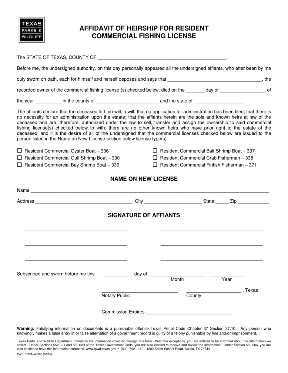 Form PWD1393A Affidavit of Heirship for Resident Commercial Fishing License - Texas, Page 1