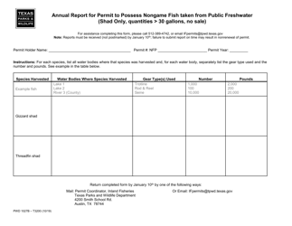Document preview: Form PWD1027B Annual Report for Permit to Possess Nongame Fish Taken From Public Freshwater - Texas