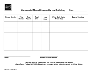 Document preview: Form PWD1341 Commercial Mussel License Harvest Daily Log - Texas