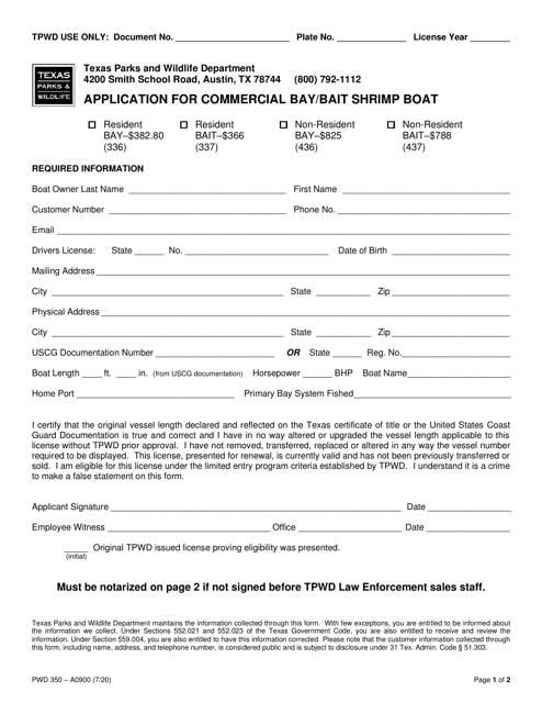 Form PWD350 Application for Commercial Bay/Bait Shrimp Boat - Texas