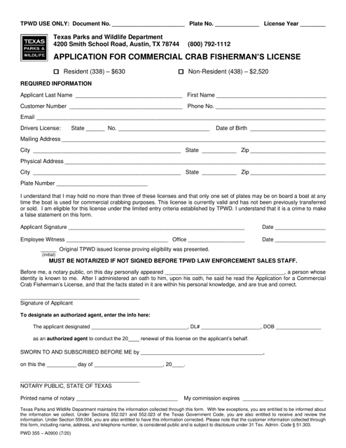 Form PWD355 Application for Commercial Crab Fisherman's License - Texas