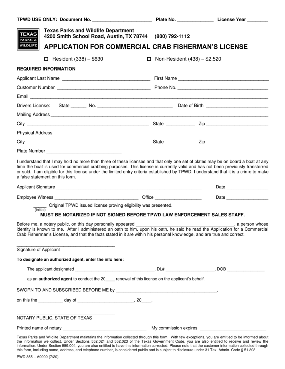 Form PWD355 Application for Commercial Crab Fishermans License - Texas, Page 1