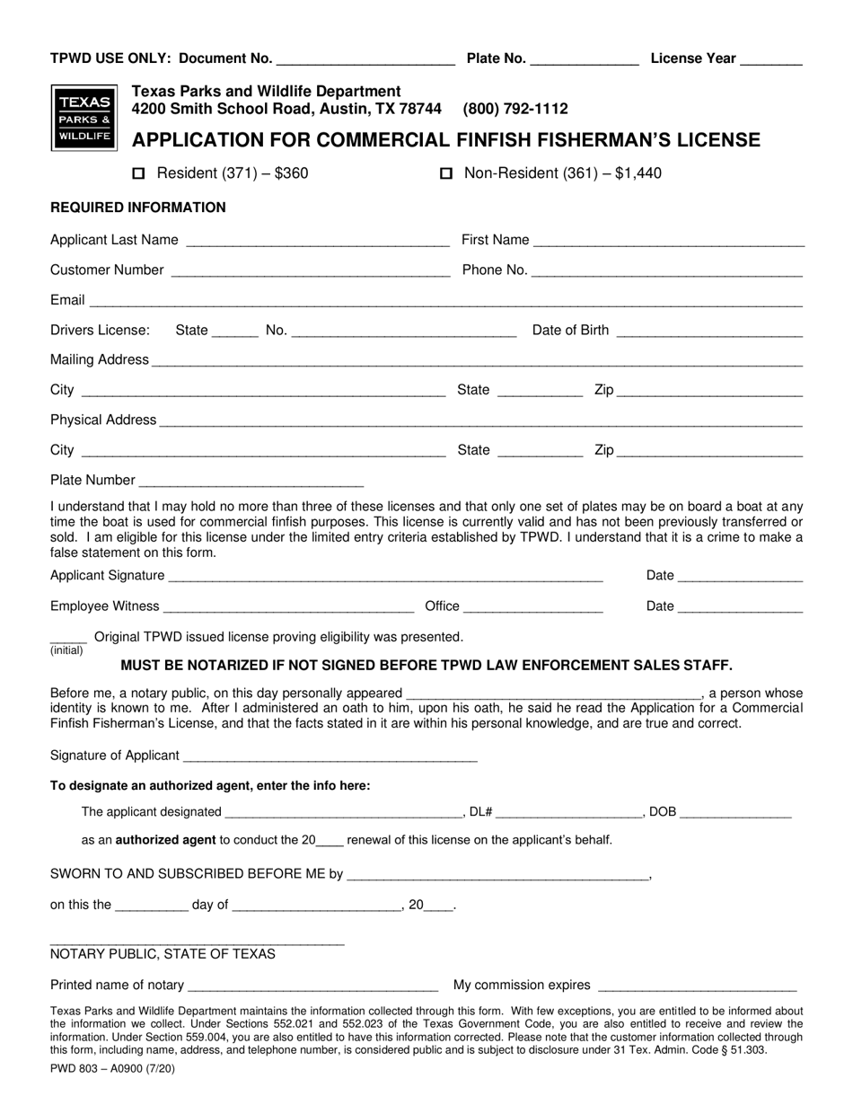 Form PWD803 Application for Commercial Finfish Fishermans License - Texas, Page 1