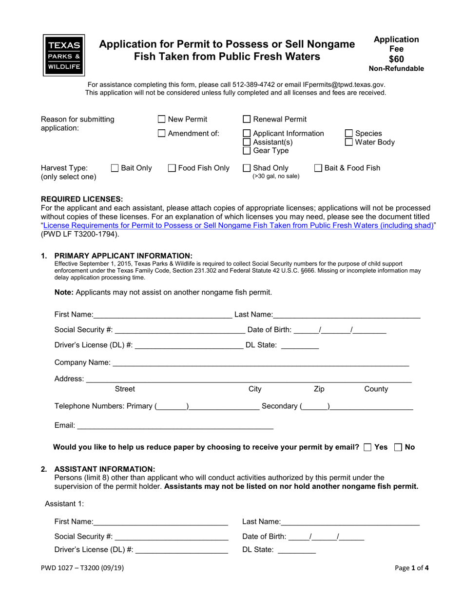 Form PWD1027 Application for Permit to Possess or Sell Nongame Fish Taken From Public Fresh Waters - Texas, Page 1