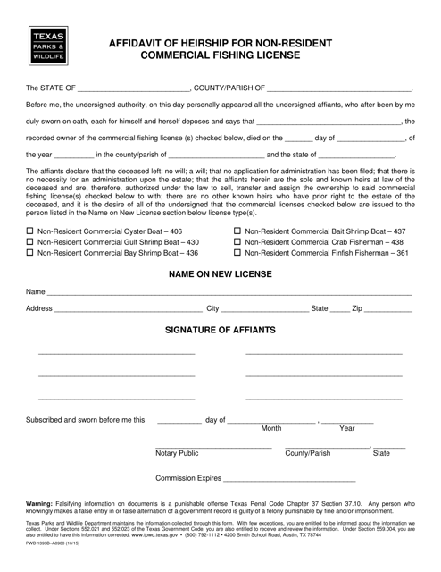Form PWD1393B Affidavit of Heirship for Non-resident Commercial Fishing License - Texas