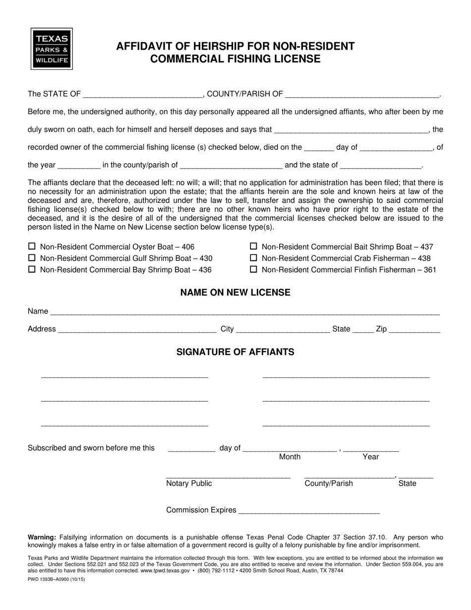 Form PWD1393B Affidavit of Heirship for Non-resident Commercial Fishing License - Texas, Page 1