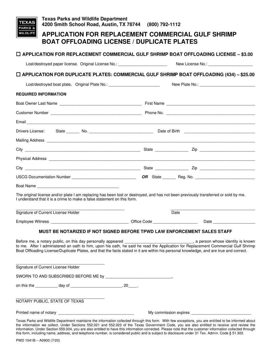 Form PWD1041B Application for Replacement Commercial Gulf Shrimp Boat Offloading License / Duplicate Plates - Texas, Page 1