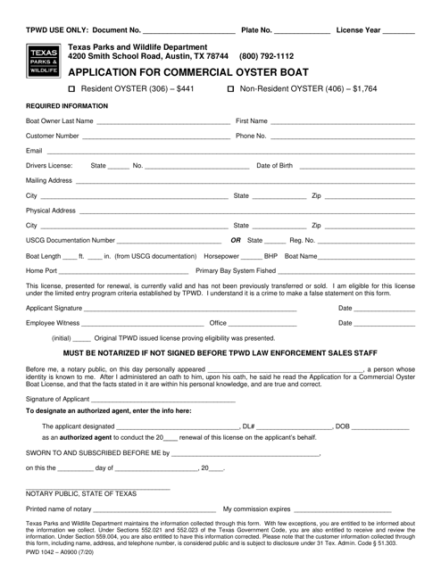 Form PWD1042 Application for Commercial Oyster Boat - Texas