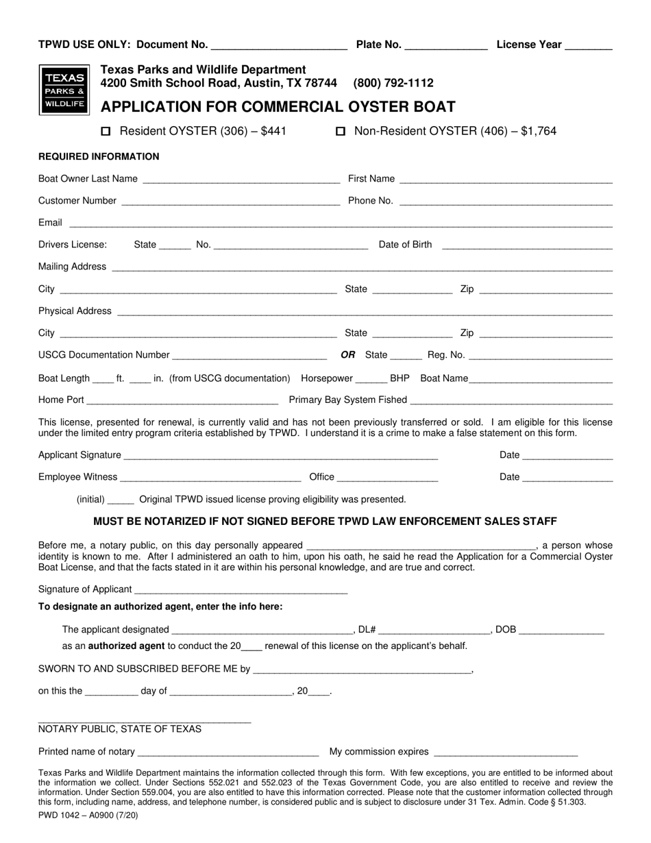 Form PWD1042 Application for Commercial Oyster Boat - Texas, Page 1