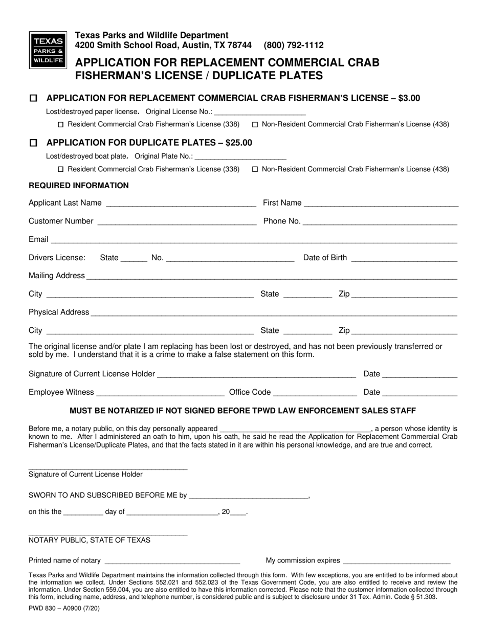 Form PWD830 Application for Replacement Commercial Crab Fishermans License / Duplicate Plates - Texas, Page 1