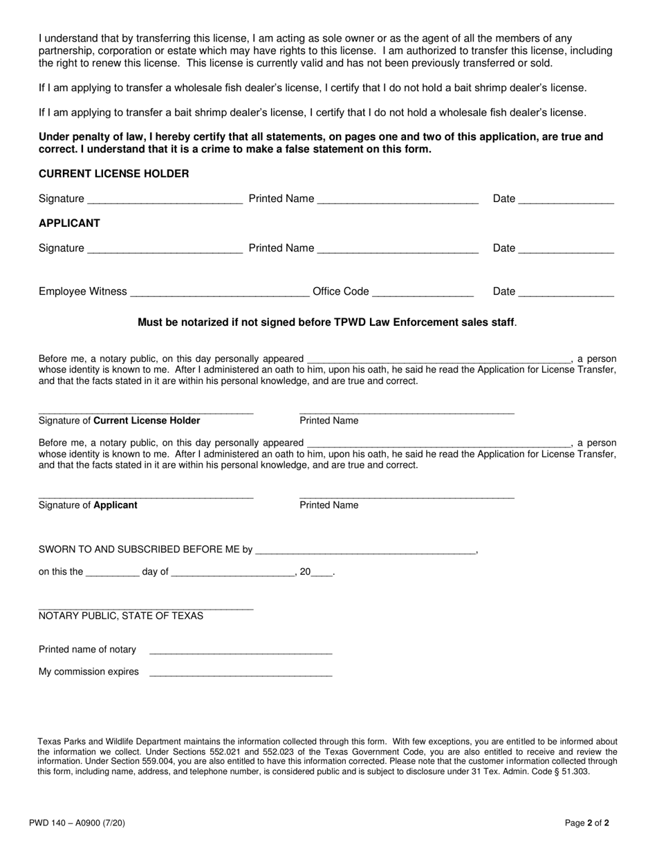 Form PWD140 Application for License Transfer - Texas, Page 2