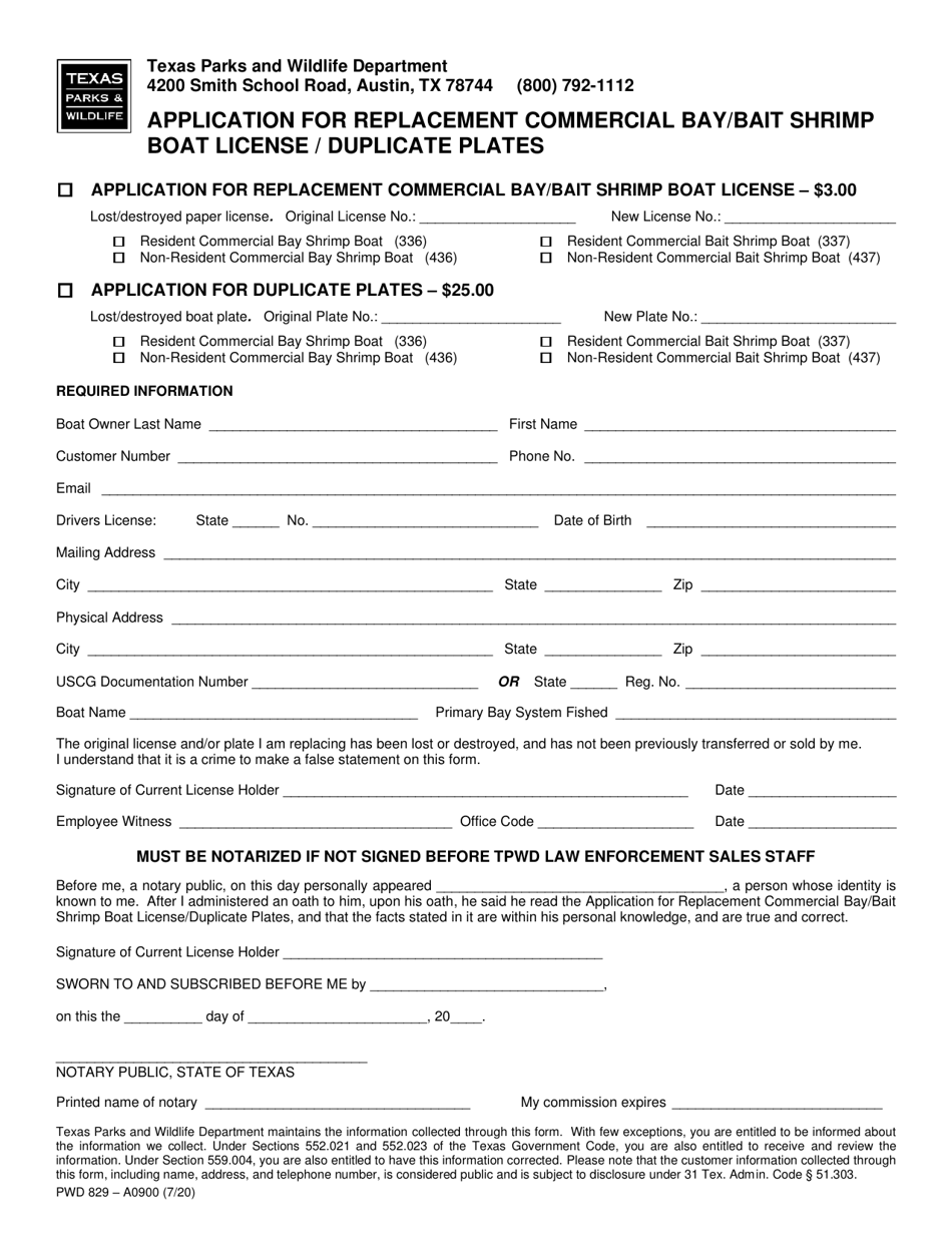 Form PWD829 Application for Replacement Commercial Bay/Bait Shrimp Boat License/Duplicate Plates - Texas, Page 1