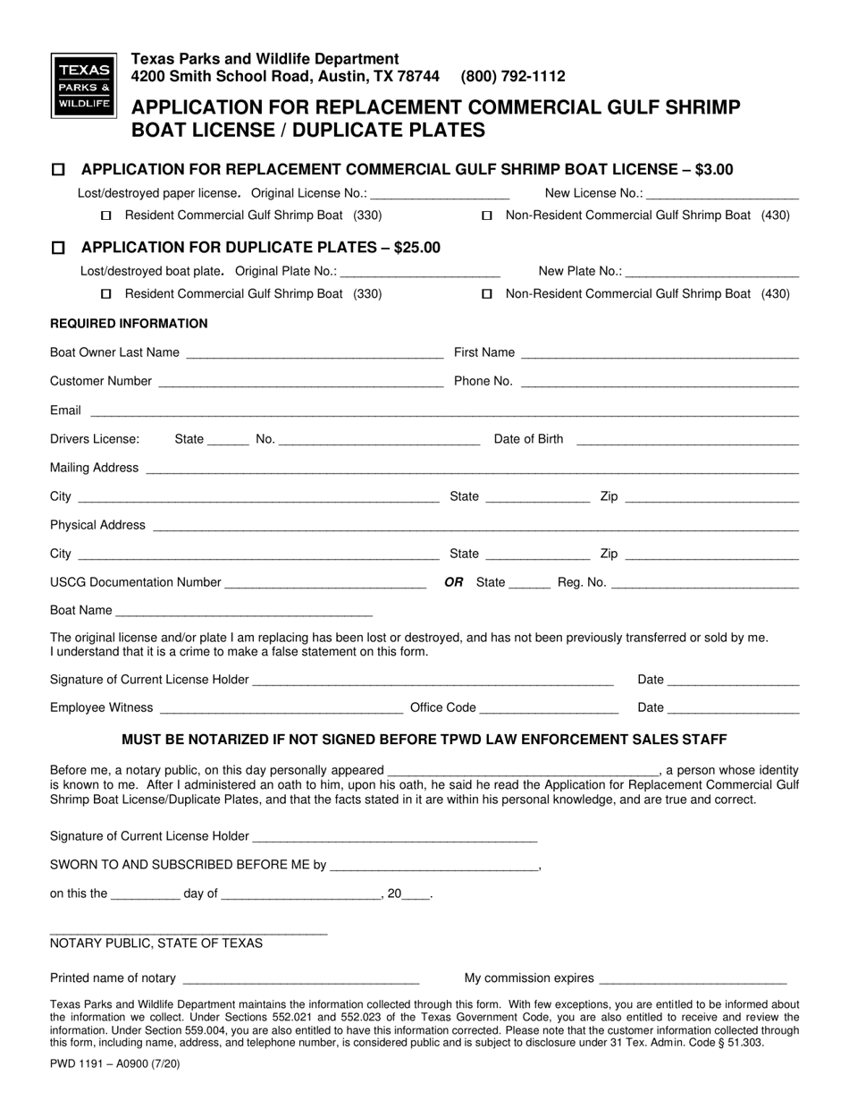 Form PWD1191 Application for Replacement Commercial Gulf Shrimp Boat License/Duplicate Plates - Texas, Page 1