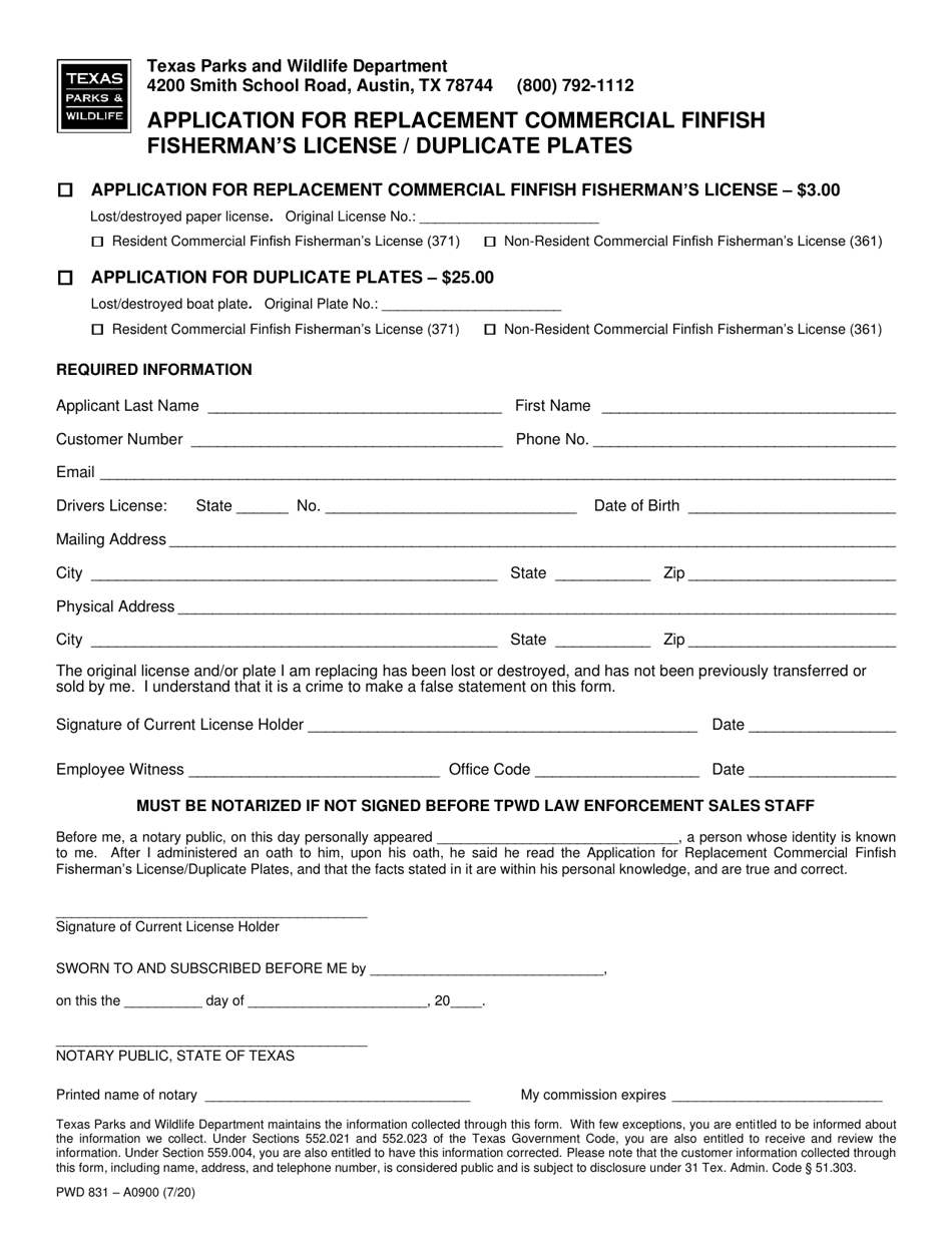 Form PWD831 Application for Replacement Commercial Finfish Fisherman's License/Duplicate Plates - Texas, Page 1