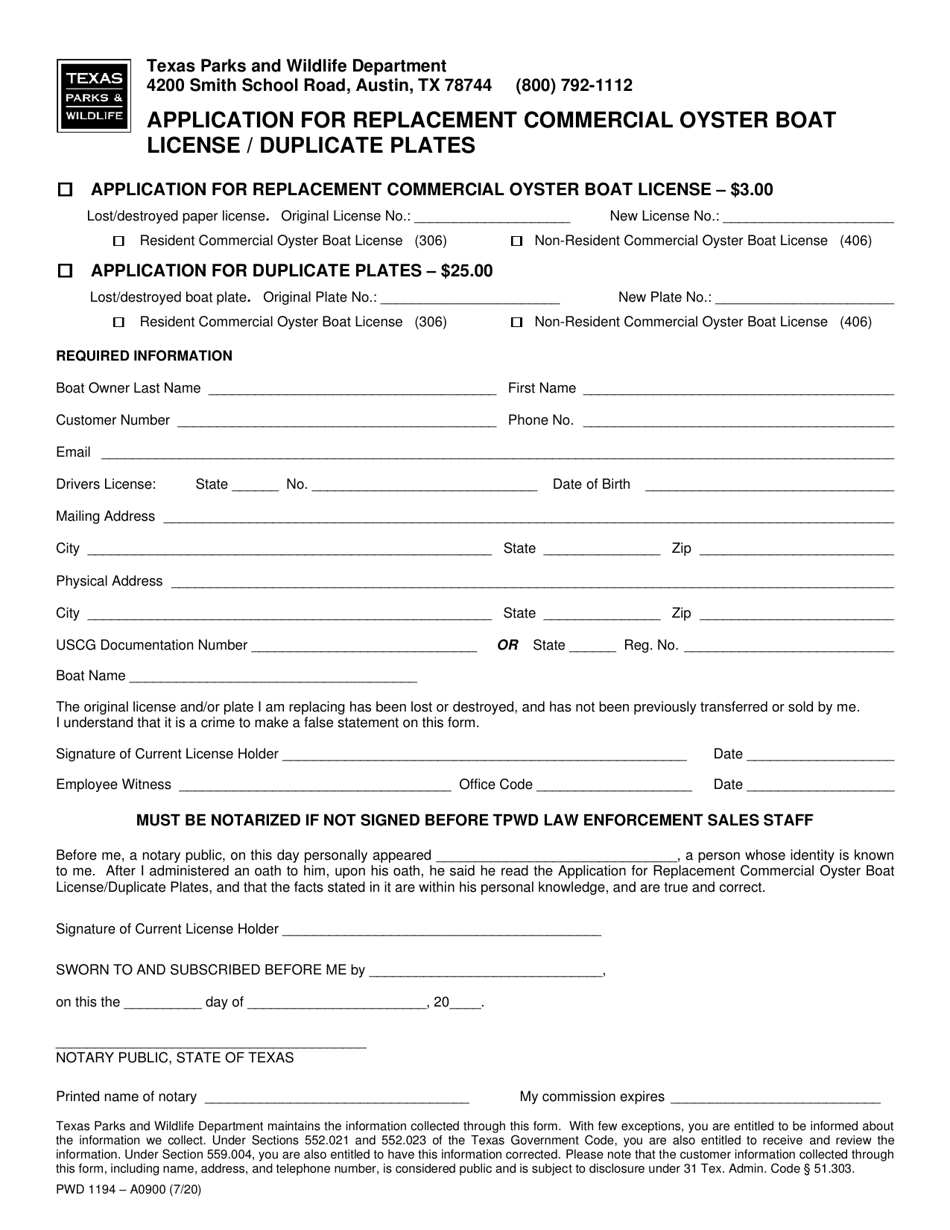 Form PWD1194 Application for Replacement Commercial Oyster Boat License/Duplicate Plates - Texas, Page 1
