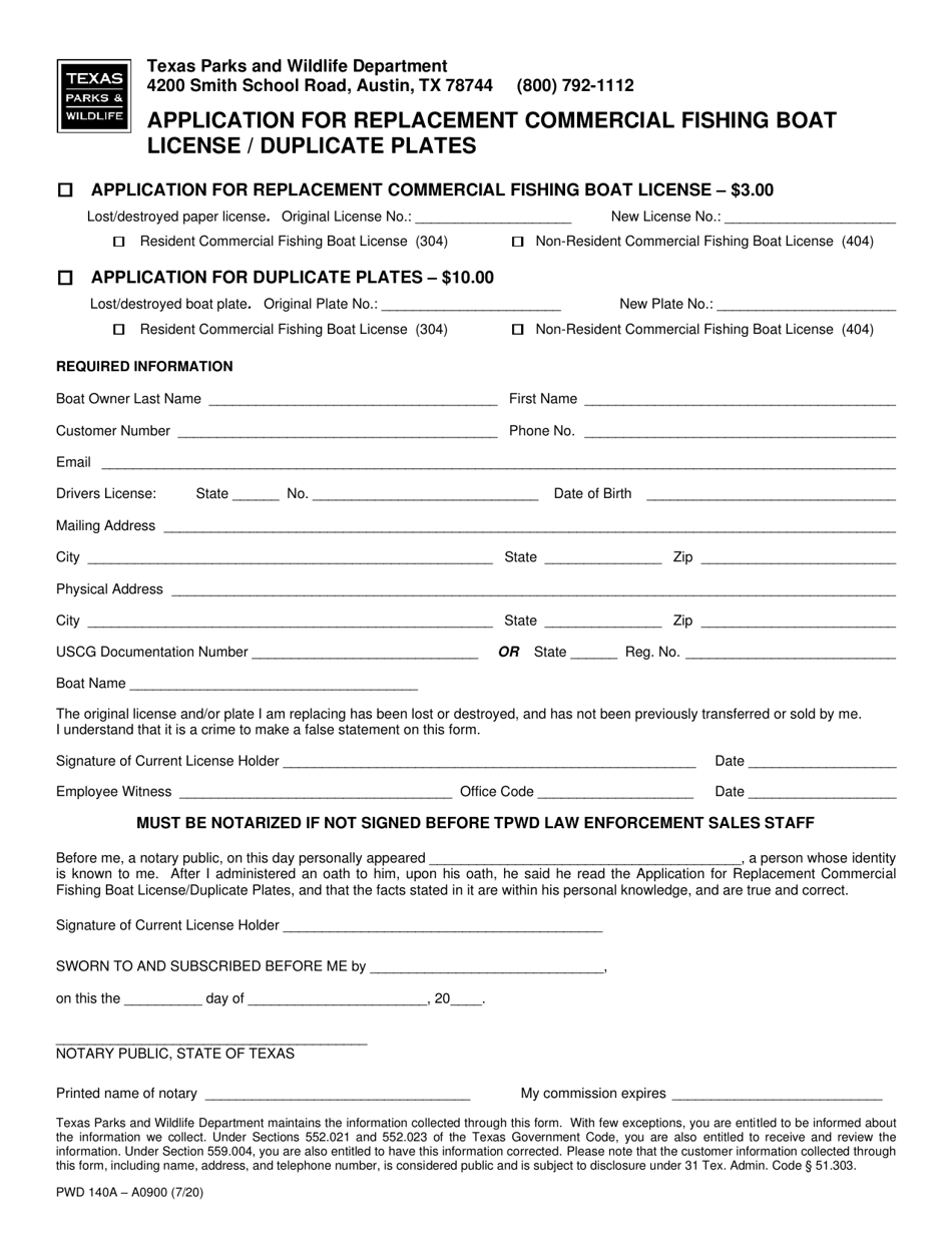 Form PWD140A Application for Replacement Commercial Fishing Boat License / Duplicate Plates - Texas, Page 1