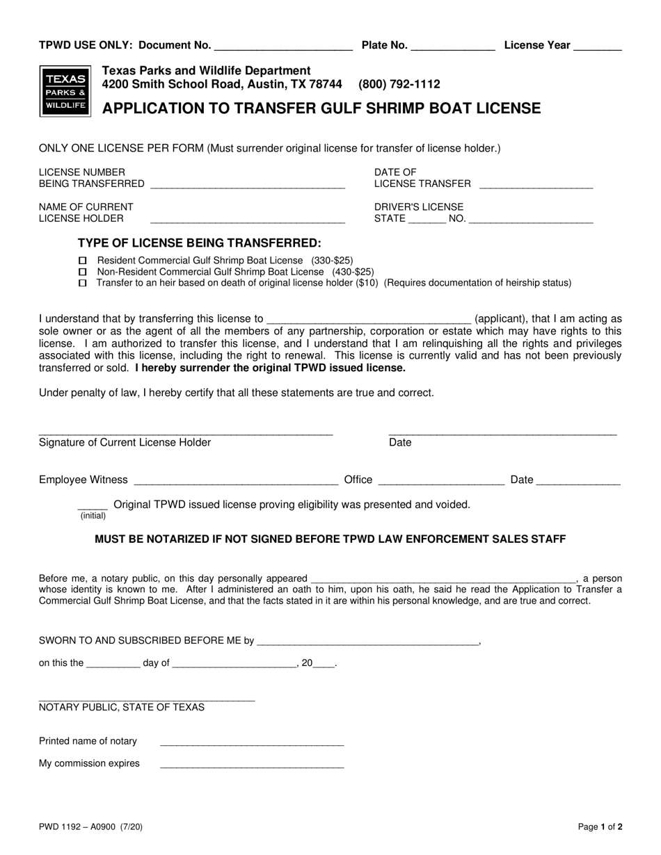 Form PWD1192 Application to Transfer Gulf Shrimp Boat License - Texas, Page 1