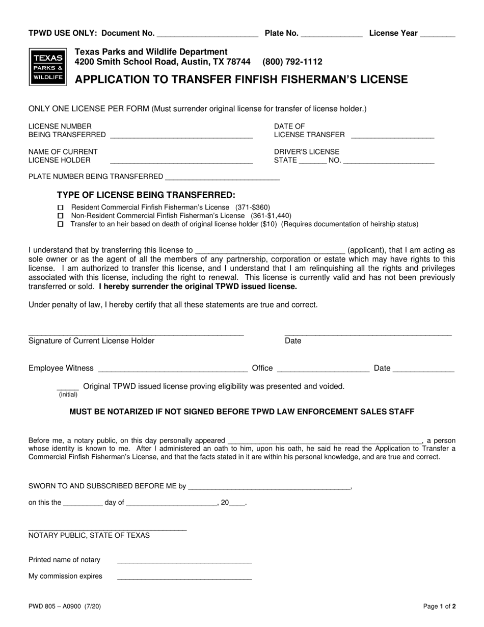 Form PWD805 Application to Transfer Finfish Fishermans License - Texas, Page 1