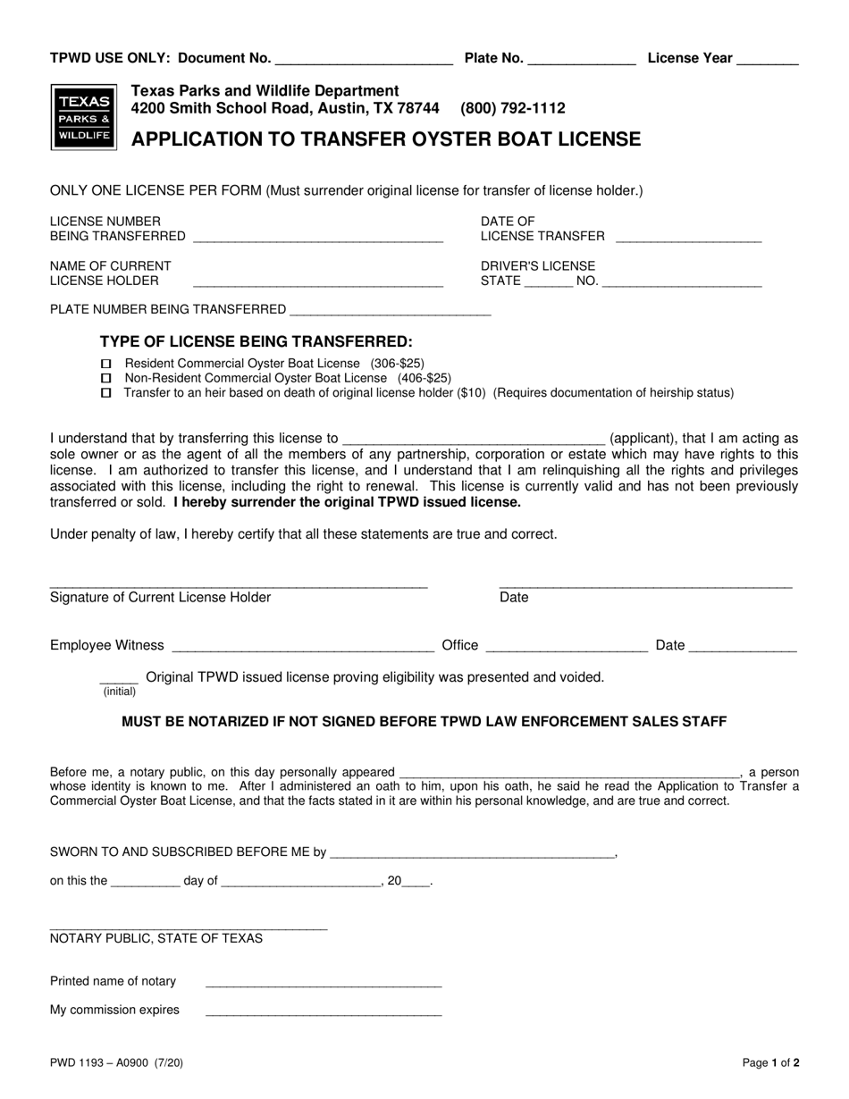 Form PWD1193 Application to Transfer Oyster Boat License - Texas, Page 1