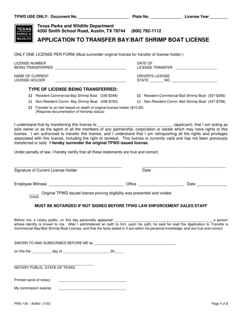 Form PWD135 Application to Transfer Bay/Bait Shrimp Boat License - Texas
