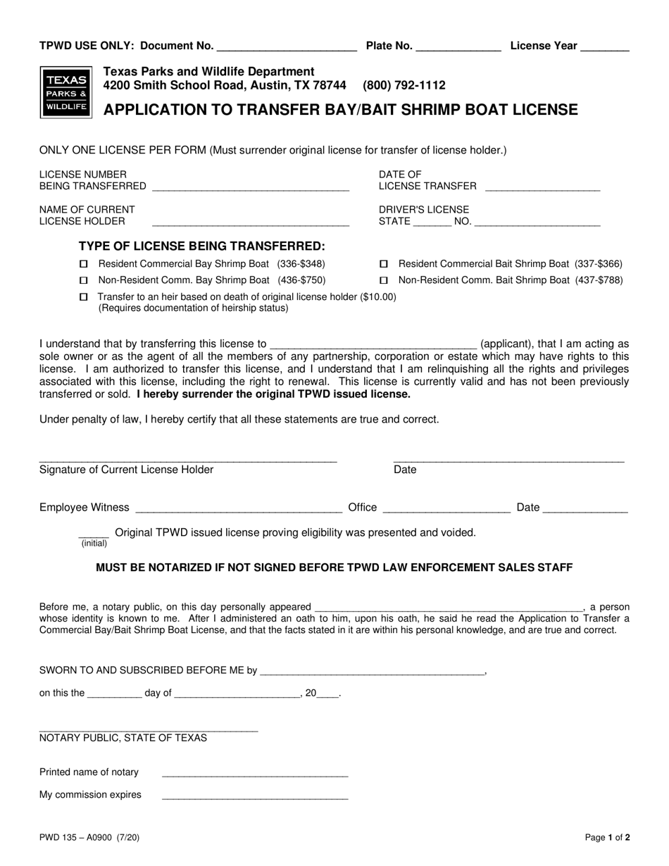 Form PWD135 Application to Transfer Bay / Bait Shrimp Boat License - Texas, Page 1
