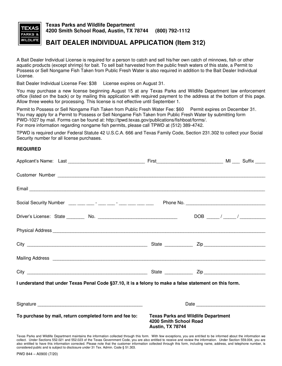 Form PWD844 Bait Dealer Individual Application - Texas, Page 1