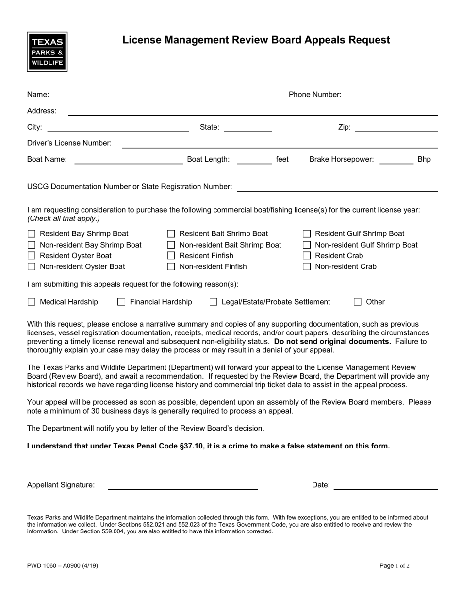 Form PWD1060 License Management Review Board Appeals Request - Texas, Page 1