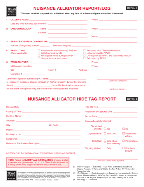 Form PWD305 Nuisance Alligator Report/Log - Texas